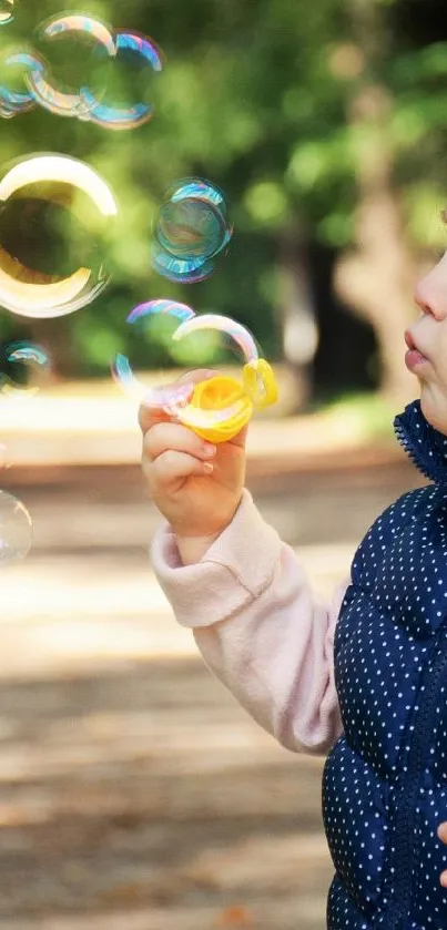 Child blowing bubbles in a sunny park.