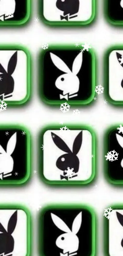 Black and white bunny icons with green borders and snowflakes.