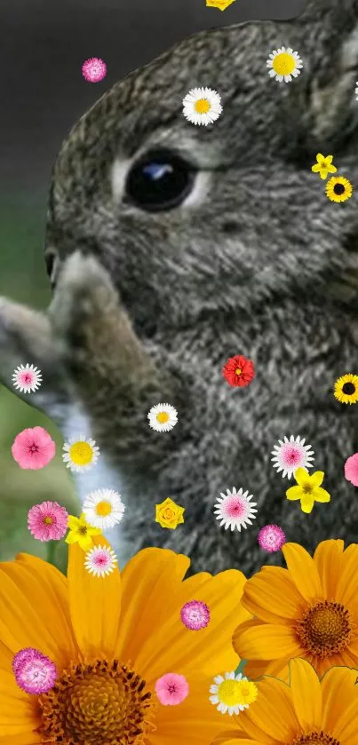 A playful bunny with vibrant flowers in a cheerful mobile wallpaper.