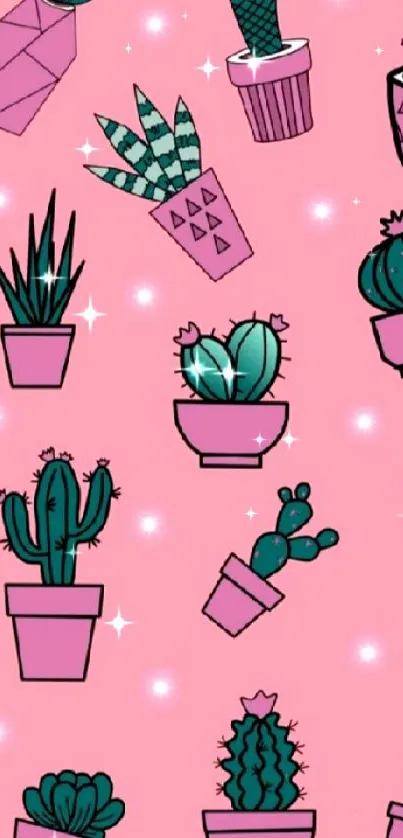 Pink wallpaper with playful cactus illustrations.