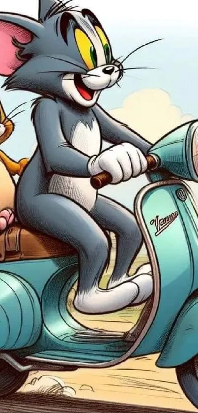 Cartoon characters on a teal scooter enjoying a fun ride.