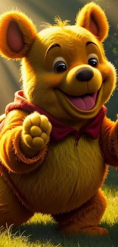 Cheerful animated bear in a sunlit forest setting.