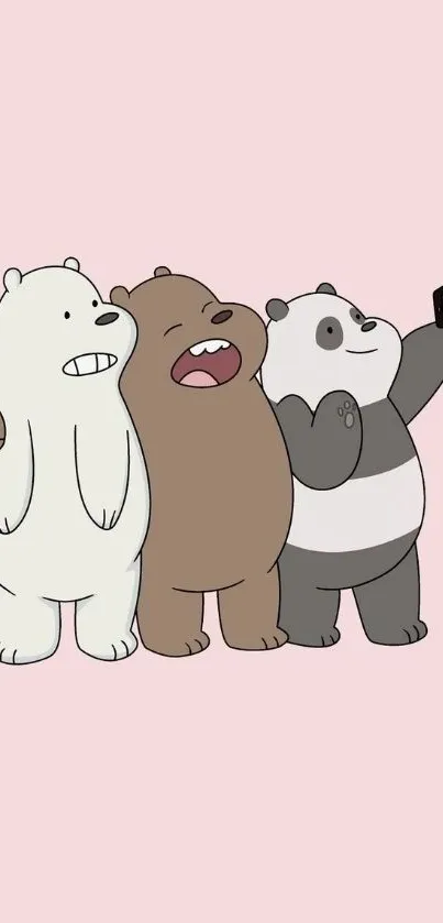 Three cartoon bears taking a selfie on a light pink background.