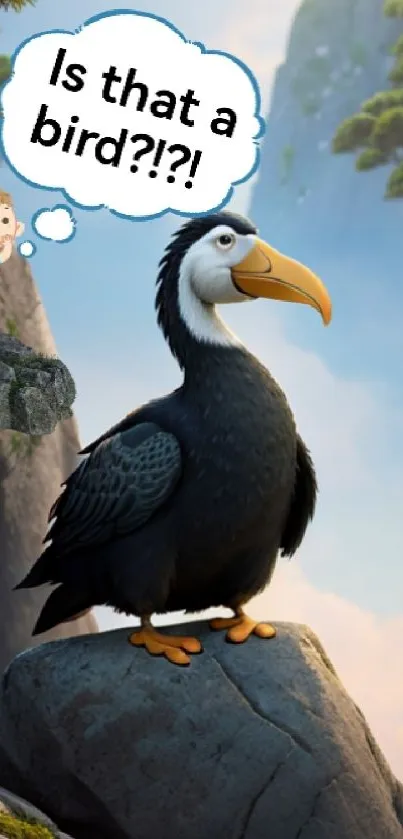 Cartoon bird and child in lush, whimsical nature scene.