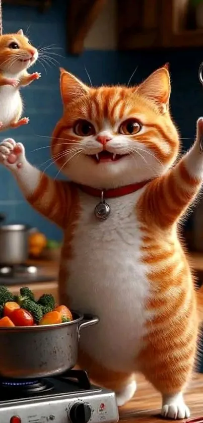 Cartoon cat with scissors and mouse in a kitchen.