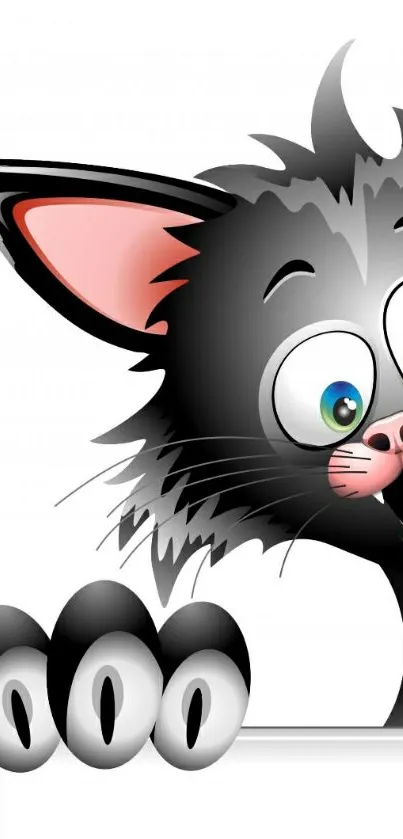 Playful cartoon cat with bright eyes peeking over edge.