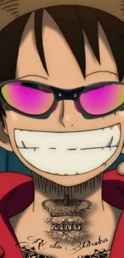 Cartoon character wearing sunglasses and a straw hat with a big smile.