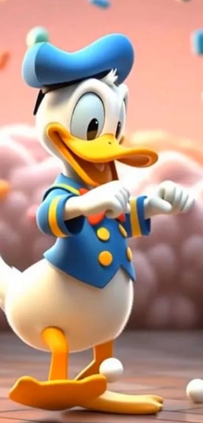 Cartoon duck character on a colorful background.
