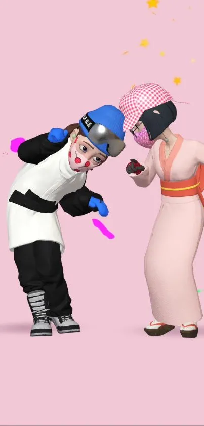 Two animated characters on a pink background.