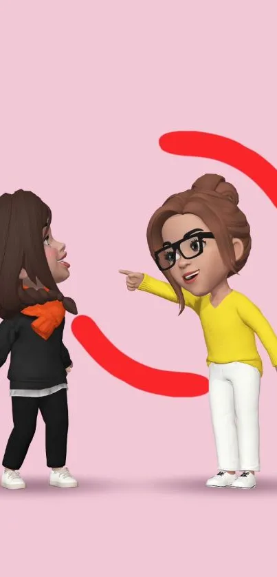 Two cartoon characters on a pink background with red accents.