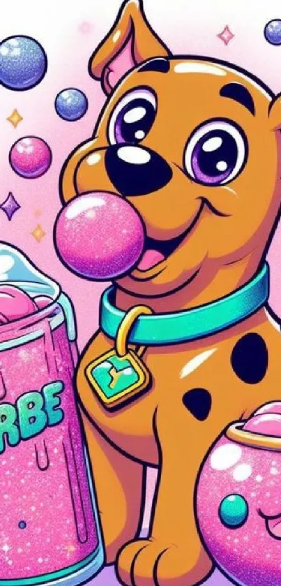 Vibrant cartoon dog with pink bubbles and colorful background.