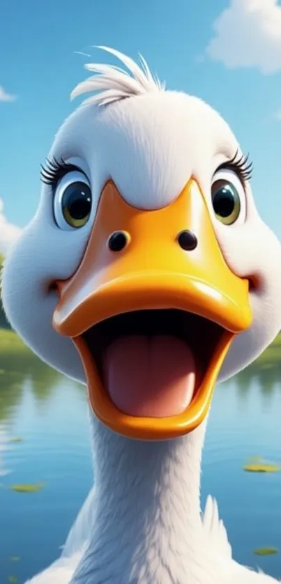 A cheerful cartoon duck by a peaceful lake.