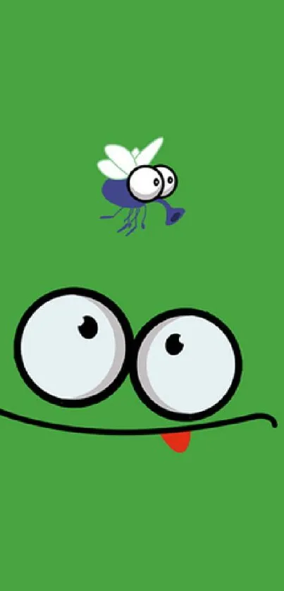 Playful cartoon face with a cute insect on green wallpaper.