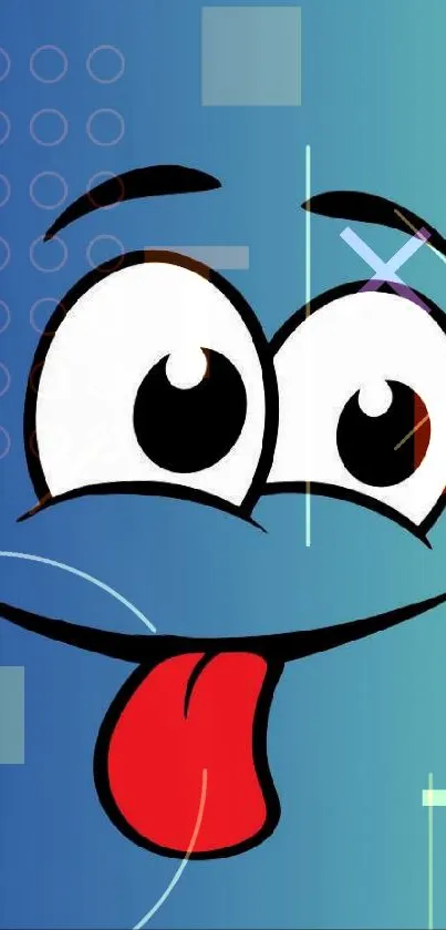 Blue cartoon face with tongue out on a vibrant background.