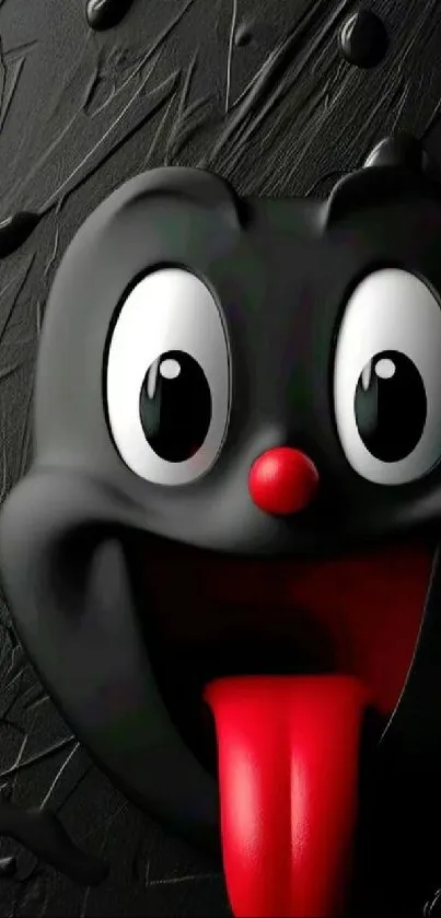 Cartoon face with black background and red tongue sticking out.