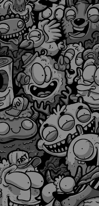 Playful gray cartoon faces pattern wallpaper.