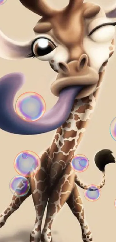 Playful cartoon giraffe with long tongue and winking eye on a beige background.