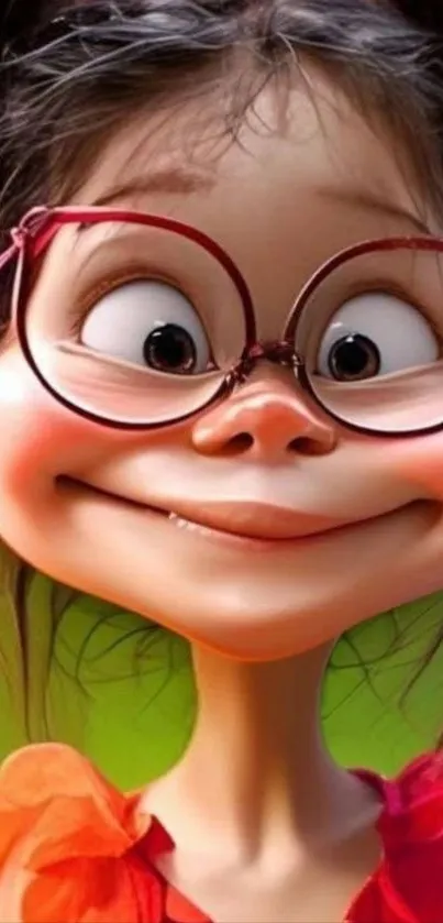 Cheerful cartoon girl with bright glasses and a big smile.