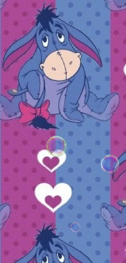 Cartoon wallpaper with hearts and playful characters in a purple and blue color scheme.