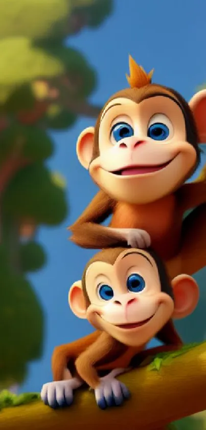Cartoon monkeys playfully sitting on a tree against a jungle background.