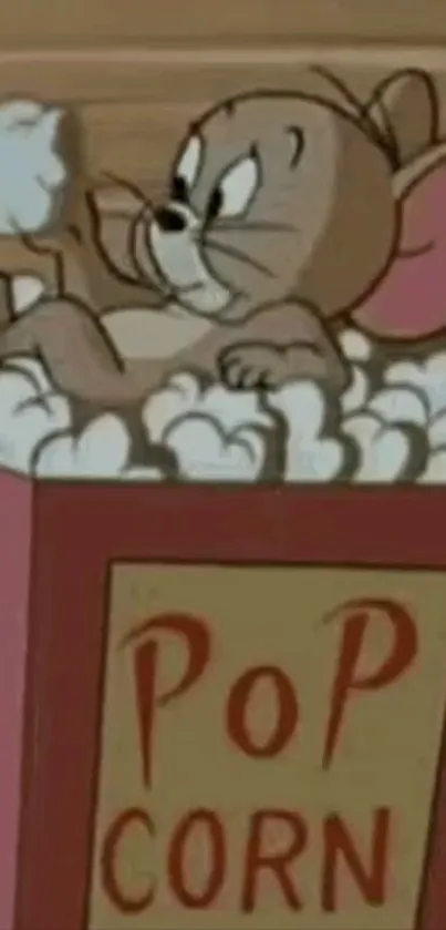 Cartoon mouse enjoying popcorn in box.