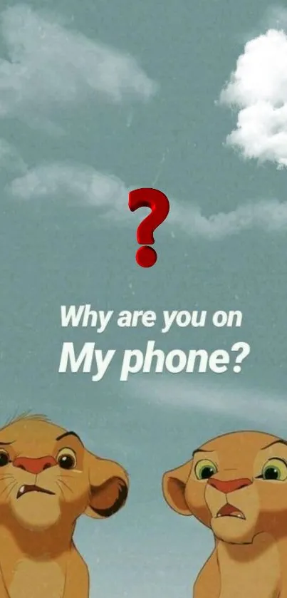 Cartoon characters with a funny question on a cloudy background.