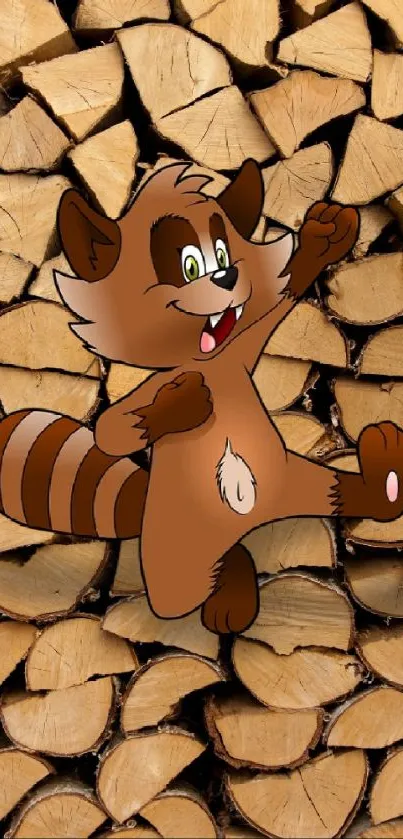 Cartoon raccoon smiling on woodpile background.