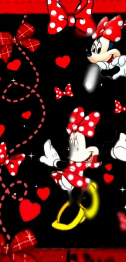 Cartoon characters with red bows and hearts on a vibrant background.