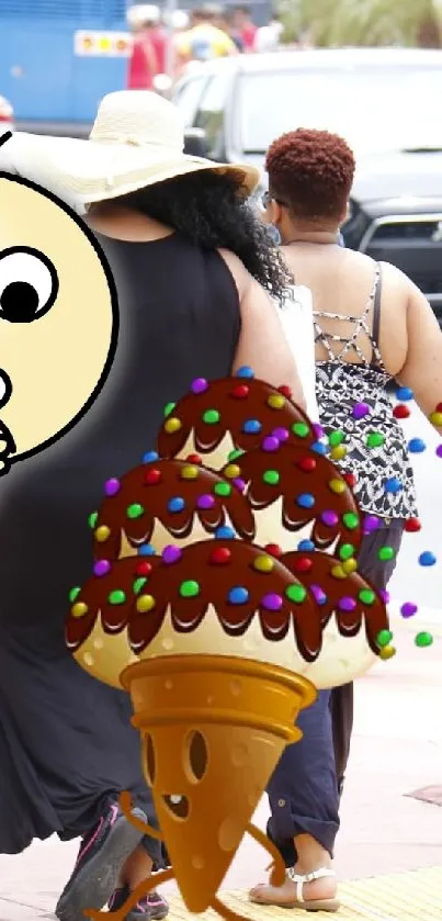 Cartoon character street scene with ice cream and vibrant colors.