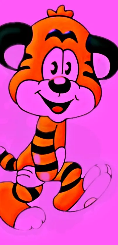 Colorful cartoon tiger wallpaper with a playful design on a pink background.