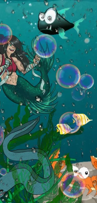 Cartoon mermaid with bubbles and fish in an underwater scene.