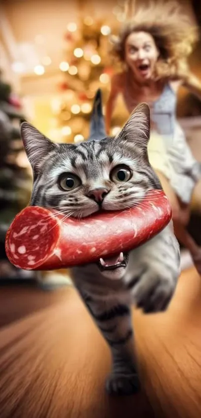 Playful tabby cat running with a sausage indoors.