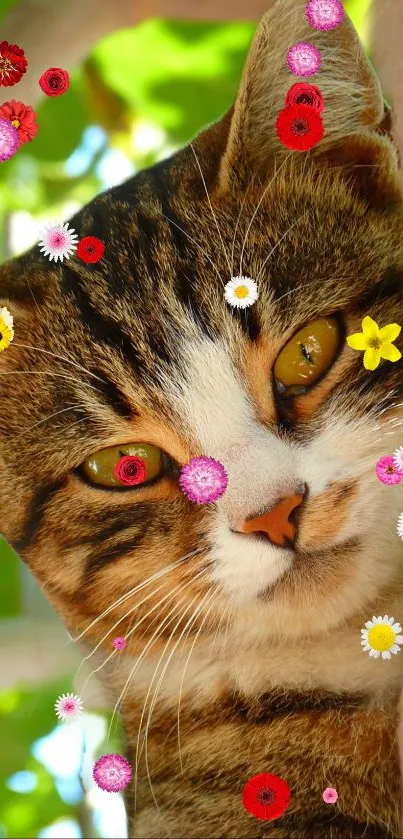 Cat peeking playfully through vibrant flowers with a green leafy background.