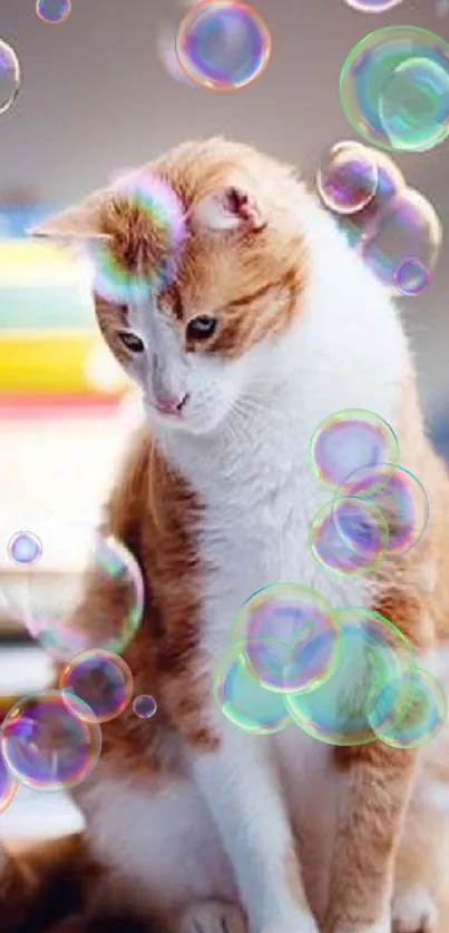 A playful orange and white cat with colorful bubbles.