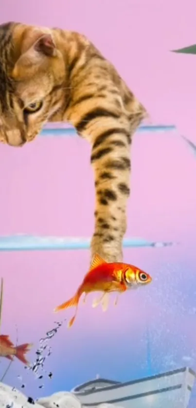 Playful cat reaching for goldfish in pastel aquarium scene.