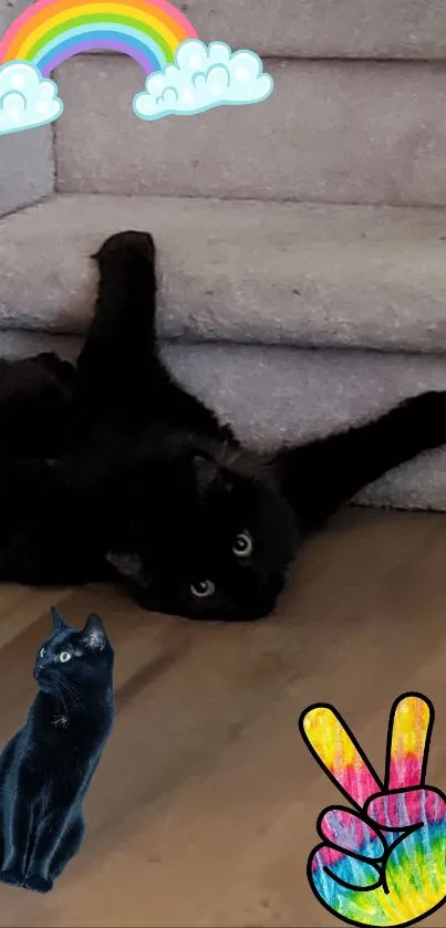 Playful black cat with rainbow and peace symbol on stairs.