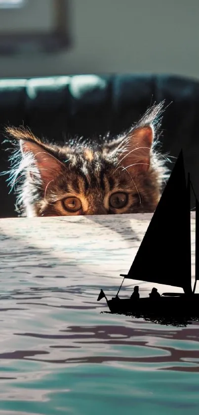 Playful cat peeking with sailboat silhouette on calm water background.