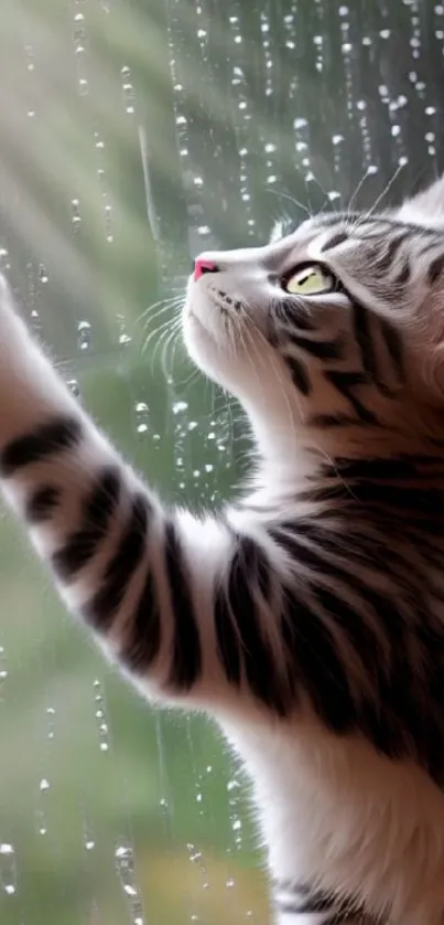 Kitten looks out rain-covered window.