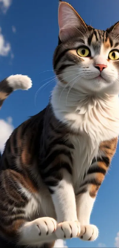 Cute cat playfully leaping in a bright blue sky with fluffy clouds.