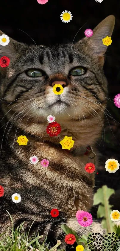 Playful tabby cat with colorful flowers.