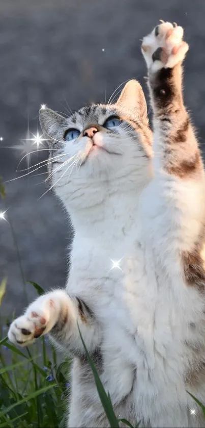 Cat with paws up in a meadow with gray background.