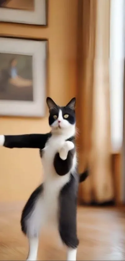 Playful black and white cat in a stylish modern room setting.