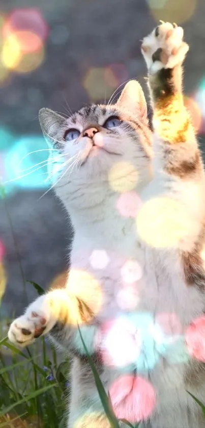 A playful cat reaches upwards in a field of grass against a gray background.