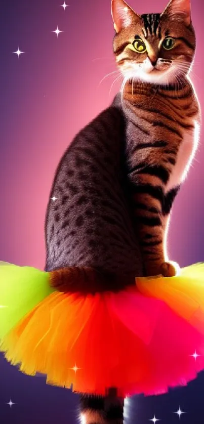 Cute tabby cat wearing a neon tutu on a vibrant purple background.