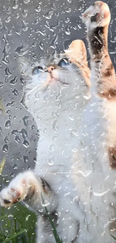 Cat reaching out playfully through raindrops on wallpaper.