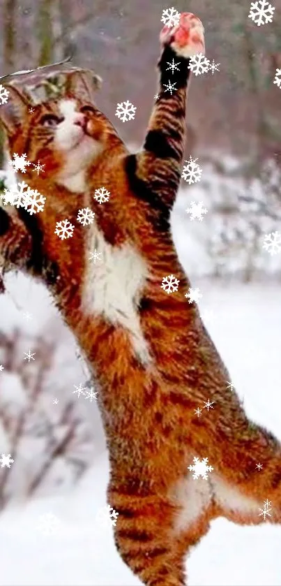 A cat joyfully leaps through falling snowflakes in a snowy landscape.