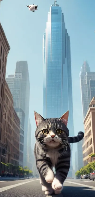 Playful cat walking down a city street flanked by tall skyscrapers.