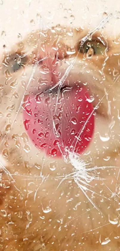 Cute orange cat licking glass with water droplets.