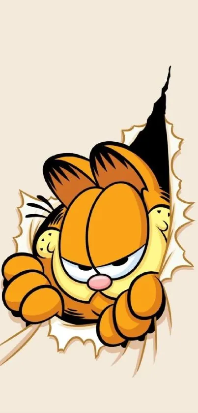 Cartoon cat emerging through beige background with vibrant orange features.