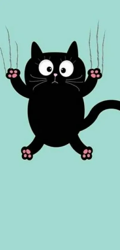 Cute black cartoon cat on teal background wallpaper.